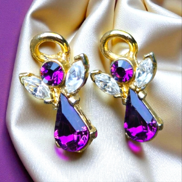 Genuine Austrian Crystal Earrings Guardian Angels Halos Amethyst Purple February - Picture 1 of 17